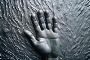 Metal surface background with the relief imprint of a human hand created with generative AI technology. photo