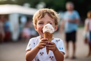 A happy child with ice cream created with generative AI technology. photo