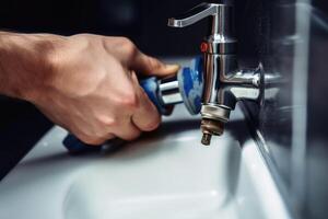 Hands of a plumber repairing the bathroom created with generative AI technology. photo