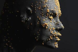 Concept of a 3D human head made of pixels created with generative AI technology. photo