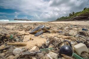 A lot of washed-up plastic waste on a tropical dream beach a large turtle inbetween the plastic waste created with generative AI technology. photo