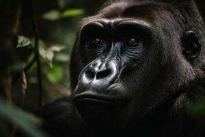 A portrait of a big male gorilla in the jungle created with generative AI technology. photo