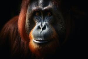 Close up view of an orang utan against a dark background created with generative AI technology. photo