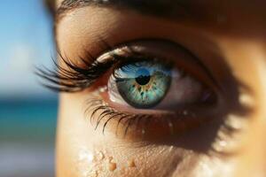 Close up of a female eye with a tropical beach background created with generative AI technology. photo