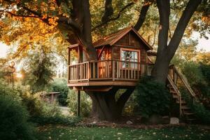 A wooden tree house for kids created with generative AI technology. photo