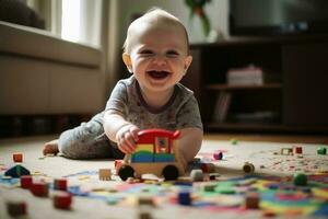 un riendo pequeño niño jugando en el piso con juguetes creado con generativo ai tecnología. foto