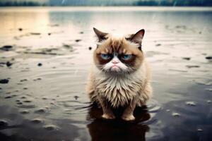 A Surreal grumpy cat created with technology. photo