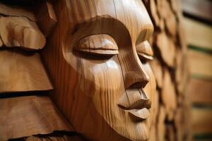 Wooden womans face sculpture created with generative AI technology. photo