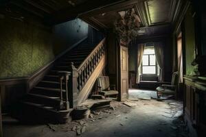 Inside an abandoned haunted house created with generative AI technology. photo