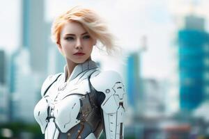 A beautiful female cyborg in front of a futuristic city created with technology. photo