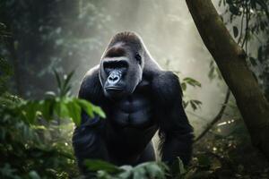 A big gorilla in the jungle created with generative AI technology. photo