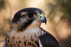 A wild falcon in a close up view created with generative AI technology. photo