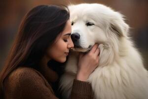 un mujer besos su amado perro creado con generativo ai tecnología. foto