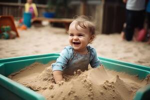 A happy small child playing in a sandbox created with generative AI technology. photo