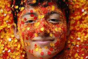 A human face made of confetti created with technology. photo