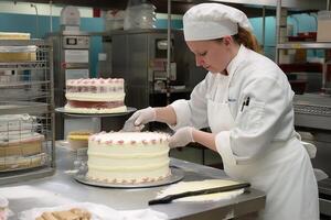 A pastry chef making a cake created with generative AI technology. photo