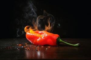 A burning hot peperoni on a dark background created with generative AI technology. photo