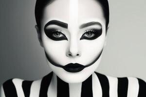 Portrait of a woman with a black and white makeup separating the face created with technology. photo