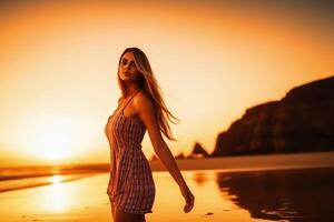 atractivo mujer vistiendo un bikini a el playa durante puesta de sol creado con generativo ai tecnología. foto