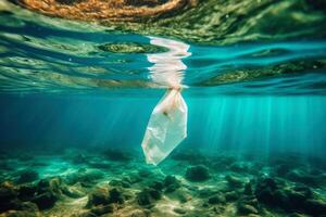 Single plastic waste bag under water in the ocean created with generative AI technology. photo