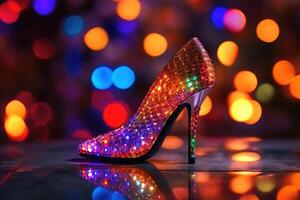 A high heel made of glass bokeh lights background created with technology. photo