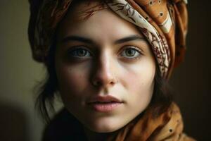 Close up view of a young woman with a headscarf created with generative AI technology. photo