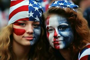 personas con un Estados Unidos bandera atuendo y cara pintar creado con generativo ai tecnología. foto
