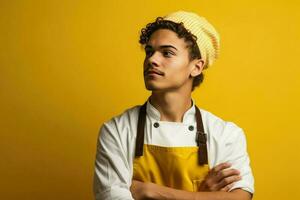 Chef in apron on a yellow isolated background, worker in uniform, portrait of service man photo