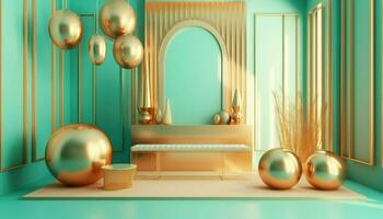 Cyan with gold interior living room.Rendering 3D. photo