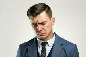 Feeling stressed. Frustrated young man in shirt and tie massaging nose and keeping eyes closed while standing against white background photo