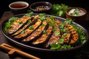Grilled eggplant with miso glaze nasu dengaku. photo