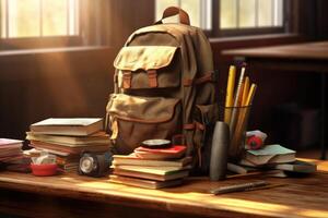Backpack and school supplies on the school desk. photo