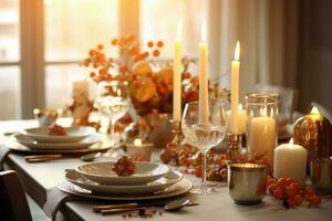 Thanksgiving dinner table setting in a light modern dining room. Fall home decoration. Generative AI photo