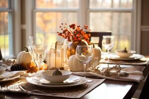 Thanksgiving dinner table setting in a light modern dining room. Fall home decoration. Generative AI photo