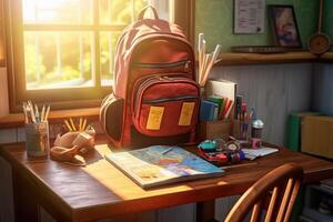 Backpack and school supplies on the school desk. photo
