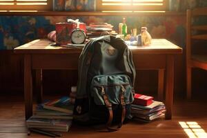 Backpack and school supplies on the school desk. photo