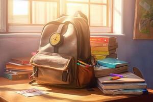 Backpack and school supplies on the school desk. photo