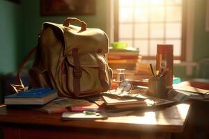 mochila y colegio suministros en el colegio escritorio. generativo ai foto