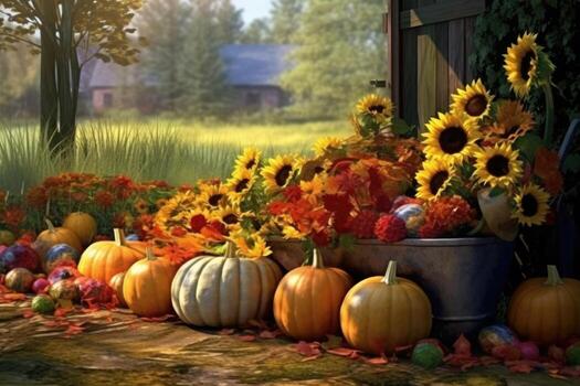 Thanksgiving or autumn scene with pumpkins, autumn leaves and berries in garden. photo
