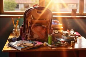 Backpack and school supplies on the school desk. photo