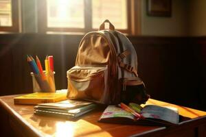 mochila y colegio suministros en el colegio escritorio. generativo ai foto