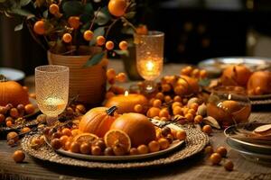 Autumn table setting with pumpkins and candles. Fall home decoration. Generative AI photo