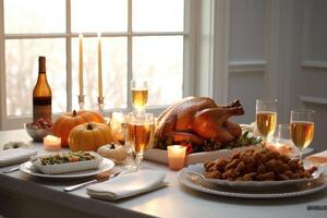 Thanksgiving dinner with turkey. Autumn table setting with pumpkins and candles. Fall home decoration. Generative AI photo