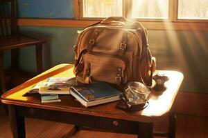 mochila y colegio suministros en el colegio escritorio. generativo ai foto