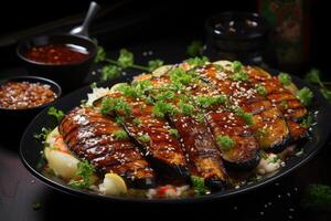 Grilled eggplant with miso glaze nasu dengaku. photo