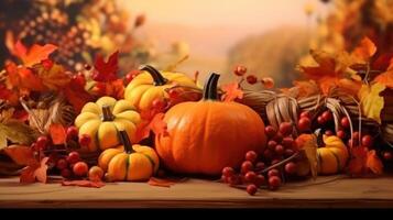 Thanksgiving Day. Autumn decor with pumpkins, berries and leaves. Generative AI photo