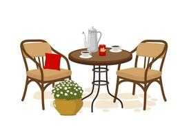 Cafeteria, chair, table, coffee pot, cup, flower pot. vector