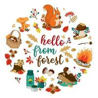 Hello from the forest set in a circle. hedgehog, squirrel, mushrooms, stump, hazelnuts, acorns, bonfire. vector