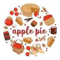 Apple pie set in a circle. charlotte, slice, apples, basket, cinnamon, berries, cup . vector