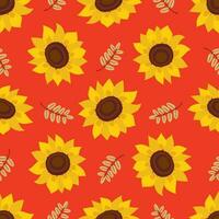 Seamless vector pattern with sunflower and autumn leaves on a red background.